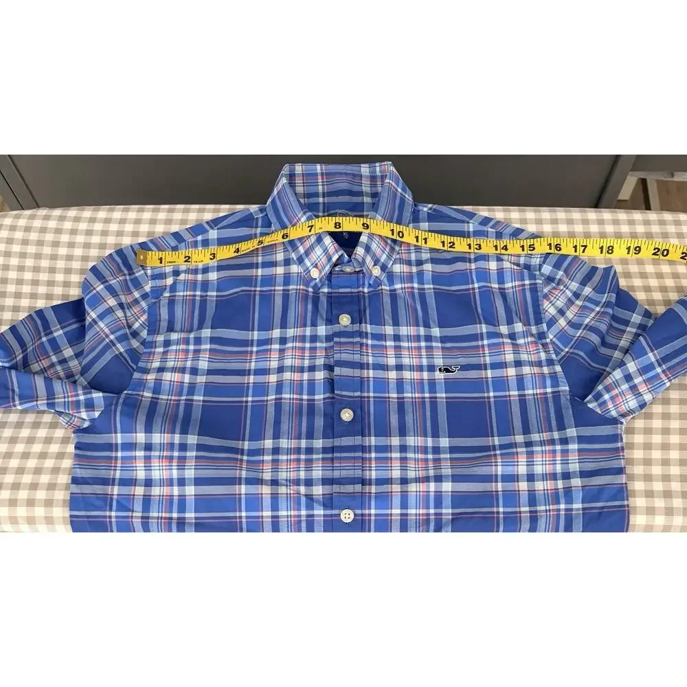 Vineyard Vines Performance Shirt Boys XL 18 Blue White Plaid Long Sleeve Logo